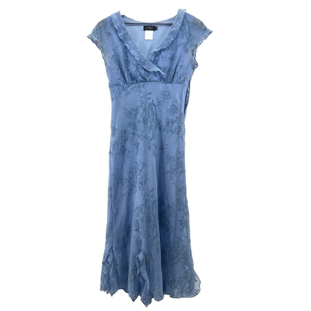 Vintage CDC Sheer Overlay Maxi Dress Women Sz 6 Fairy Floral Blue Chiffon Ruffle